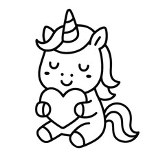 Obraz premium Caring Unicorn with a Heart: A charming outline drawing of a unicorn, holding a heart, exuding love, kindness, and affection, creating a heartwarming image.