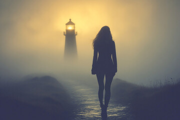 Silhouette of a woman walking toward a lighthouse