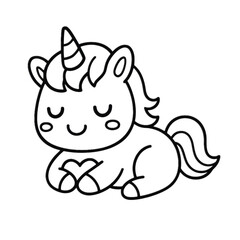 Mystical Unicorn Embrace: A whimsical, black-and-white illustration captures a charming unicorn with a heart, inviting a sense of imagination, serenity, and fantasy. 