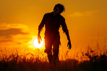Silhouette of a zombie dragging one leg as it walks