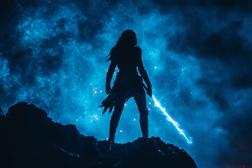 Silhouette of an alien warrior wielding a plasma blade
