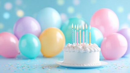 delicious cream cake in pastel colors with candles on the background of balloons for a birthday party
