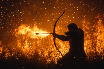 Silhouette of an archer releasing a flaming arrow