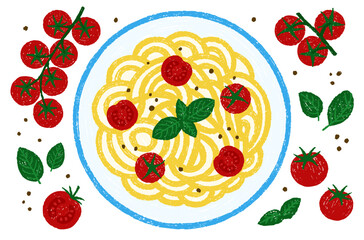 Pasta with tomatoes and basil leaves. Tomatoes, pasta, basil. Vector illustration with pastel and chalk texture