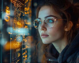 A thoughtful scientist in glasses contemplates floating data equations