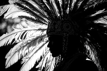 Silhouette of an Aztec warrior wearing an elaborate feathered headdress