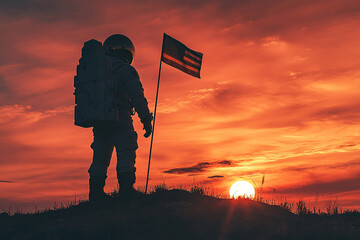 Silhouette of an astronaut planting a flag on a new planet