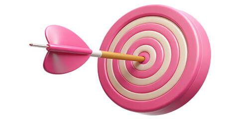 Pink target with arrow hitting the bullseye isolated on transparent background