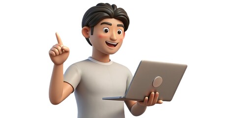 Cartoon man with laptop pointing up isolated on white background