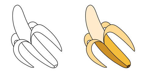Banana peeled colored and line. Coloring book for kids. Vector illustration.