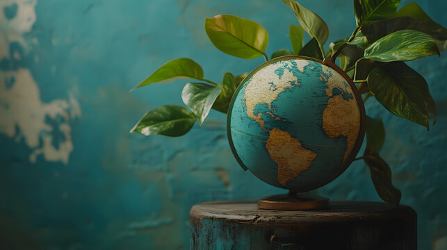 High resulation image of plant with globe representing eco tourism and sustainable travel promoting green living and environmental awareness.