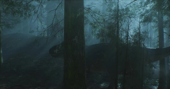 Realistic scene of a Tyrannosaurus Rex walking through a lush prehistoric forest