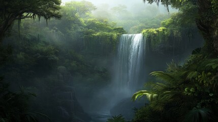 Majestic waterfall cascading through lush jungle landscape nature scene