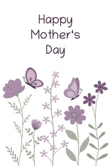 Happy Mother’s Day - Schriftzug in englischer Sprache - Alles Gute zum Muttertag. Karte mit violetten Blumen und Schmetterlingen.