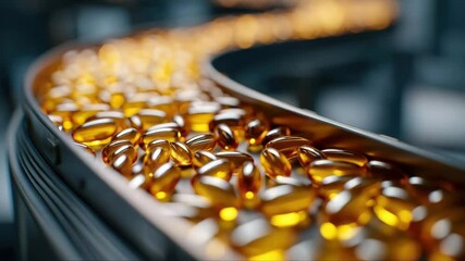Yellow gel capsules move on the conveyor belt of the automatic medical machine. Production of dietary supplements and medicines. Medical plant for the creation of vitamin pills and mineral complexes. - Powered by Adobe