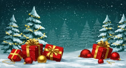 Christmas Gifts Under Snowy Trees