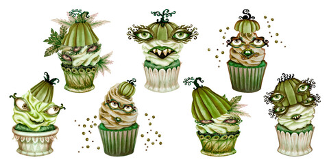 Whimsical watercolor set of green Halloween cupcakes with pumpkin heads, eerie eyes, creepy faces for spooky branding, bakery packaging, seasonal menu, cafe decor, patisseries, Halloween party