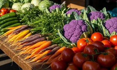 vegetables on market,organic vegetables, farmers market, food display, fresh produce, healthy eating,  
gourmet arrangement, natural lighting, food photography, commercial use, chef quality  