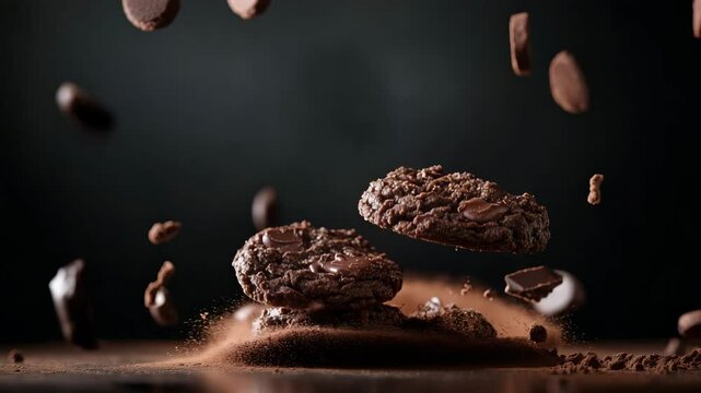 Dynamic chocolate cookies in motion: capturing crumbs, dust, and airborne delight