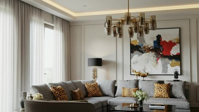 Living room featuring a gray sectional sofa with leopard print pillows and a modern chandelier above it