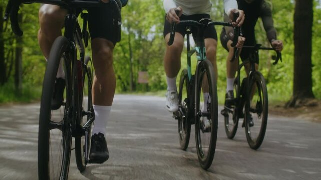 Bicyclists in tracksuits ride bicycles fast along country road