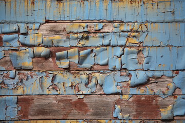 Old peeling paint on an abandoned freight car at a railway station
