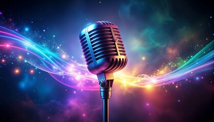 Retro Microphone with Vibrant Light Waves Music Performance Stage Lighting Concert.