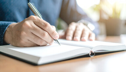 close-up to a hand hold a pen to write or give a hand signature on paper book document