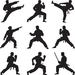 Black Silhouette Vector Bundle of 10 Martial Arts Figures