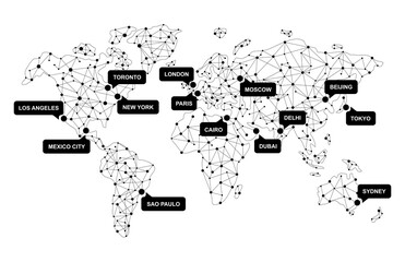 Connected Dots World Map with All Continents and Largest Cities, Quantum Big Data for Web, Business, and Infographics, Cloud Network and AI Technology Vector Background