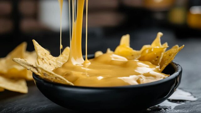 Golden cheese sauce perfectly drizzles over crunchy nachos in black bowl on dark surface