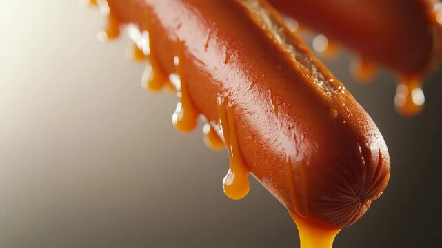 Sizzling sausage with glazing caramel drips: a closeup journey in slow motion