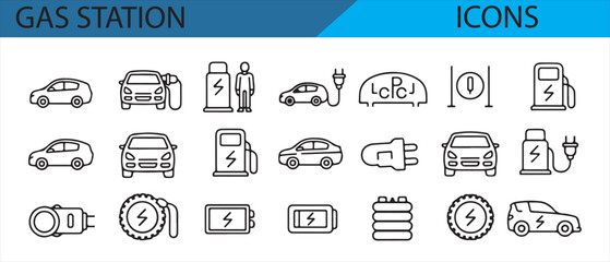 Icons for gas station services, including fuel dispensing, price tags, and car fueling.