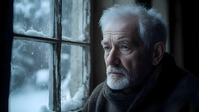 Elderly man with a pensive expression looking out the snowy window - Powered by Adobe