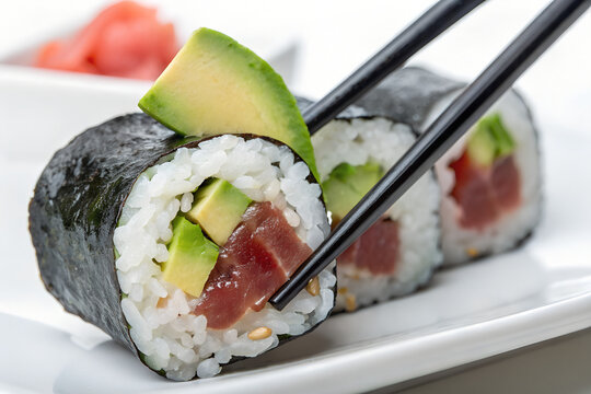 Delicious tuna sushi roll with avocado served with chopsticks a fresh and healthy Japanese cuisine option - Powered by Adobe