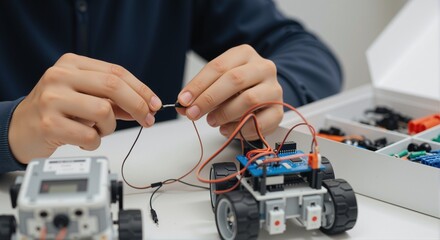 Hands connecting wires on a small robot kit, a focused learning moment