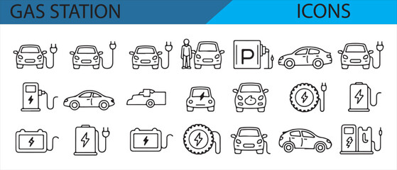 Fuel station icons with price signs, warnings, and fueling equipment.