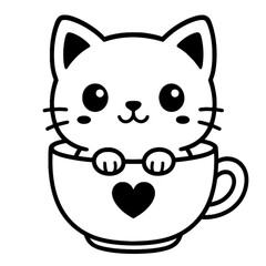 Fototapeta premium Cuddly Kitten in Mug: A charming cartoon kitten nestled sweetly inside a mug with heart, showcasing its adorable appeal, perfect for conveying affection and warmth.