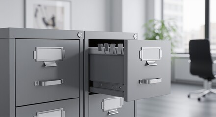 Modern filing cabinet with open drawer showcasing organized folders, bright office background