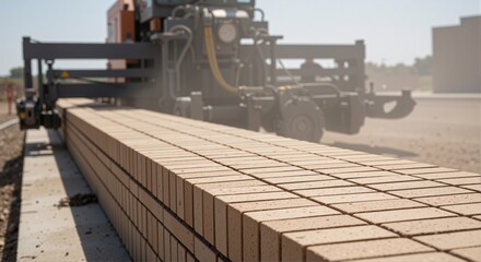 Fototapeta premium Automated bricklaying machine laying bricks on construction site, digital art