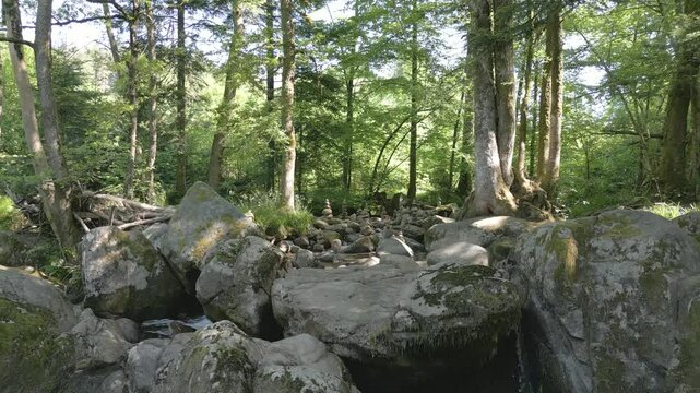 Survol en drone d'une rivi&egrave;re au milieu d'un for&ecirc;t avec d'&eacute;tranges installations en pierre