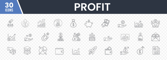 Set of 30 Profit-Themed Icons Featuring Money, Graphs, Charts, Dollar Signs, Piggy Banks, and Financial Growth Symbols for Business, Investment, and Economic Analysis