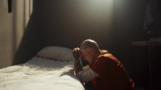 Tattooed inmate with shaved head leaning on bed with hands clasped as praying deeply to God in prison cell. Tilt-up shot