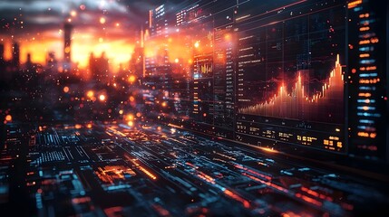 A futuristic cityscape with AI driven investment analytics and financial projections