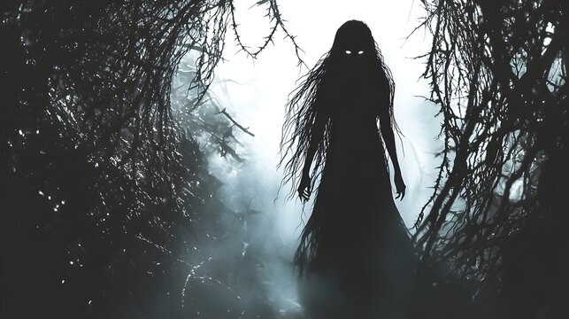 A dark mysterious silhouette in a gloomy forest  long title A dark shrouded figure emerges from the misty ominous forest creating an eerie enigmatic