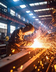 Industrial welding process creating incandescent sparks in a factory environment