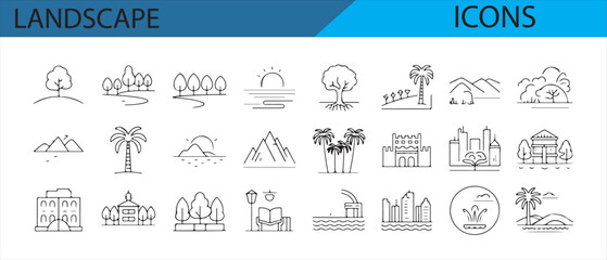 Icons for outdoor and travel themes featuring mountains, trees, and city views