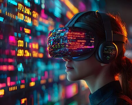 Person using virtual reality headset to navigate futuristic finance and investment interfaces - Powered by Adobe