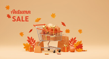 Autumn Sale: 3D Render of Shopping Cart with Fall Goods