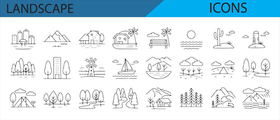Collection of hand-drawn landscape icons including nature, buildings, and fountains.